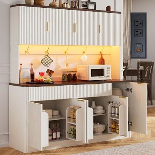 60"W 72"H Pantry Storage Cabinet, Fluted Kitchen Hutch, Antique White