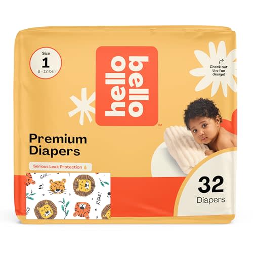 Hello Bello Diapers, Size 1 (8-12 lbs) Wild Cats, 32 Count of Premium Disposable Baby Diapers, Hypoallergenic with Soft, Cloth-Like Feel