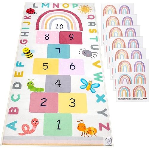Kids Hopscotch Rug - Indoor, Game Mat with Numbers & Squares for Learning & Activity - Floor Runner, Number Games - Hop Scotch Rugs for Kid & Adult - Rainbow Alphabet mat for Small Classroom | Learning & Activity, Number Games, Numbers & Squares, Kid & Ad