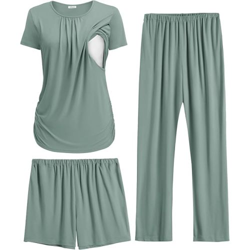 Ekouaer Maternity Nursing Pajamas Set 3 Piece Postpartum Lounge Breastfeeding Pjs Pregnancy Shorts & Pants S-XXL