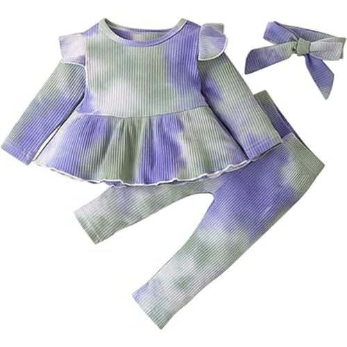 Newborn Infant Baby Girls Long Sleeve Tie Dye Ruffle Ribbed T Shirt Dress Tops 4 Month Old Baby (Purple, 3-6 Months)