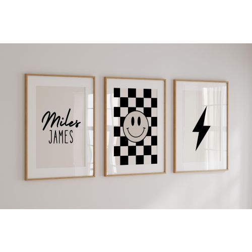 Personalized Checkered Boys Wall Art, Set Of 3 Prints, Lightning Bolt Wall Art, Nursery Name Sign, Black and Tan, Checkered Poster