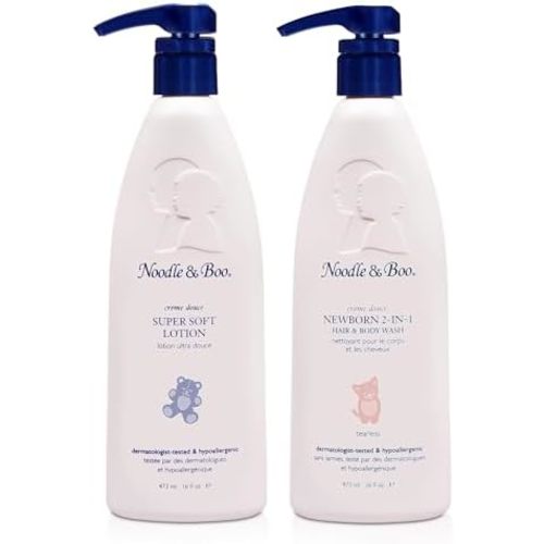 Noodle & Boo Newborn Essentials Bundle: 2-in-1 Hair & Body Baby Wash 16 fl oz + Daily Moisturizer Baby Lotion for Sensitive Skin 16 fl oz | Tear-Free, Hypoallergenic, Plant-Based, Pediatrician-Tested