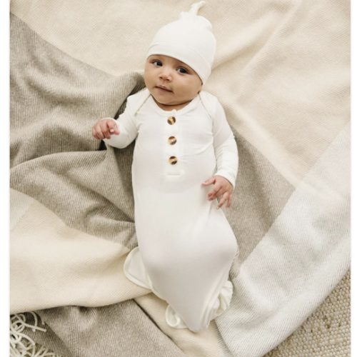 White Bamboo Knotted Baby Gown – Soft & Cozy Newborn Wear - Gown + Knot Hat - Harp Angel Boutique