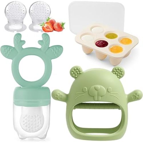 Baby Fruit Feeder with Popsicle Mold Cute Teething Toys Silicone Teethers for Babies 3-12 Months for Baby Feeding Gift (GreenB)