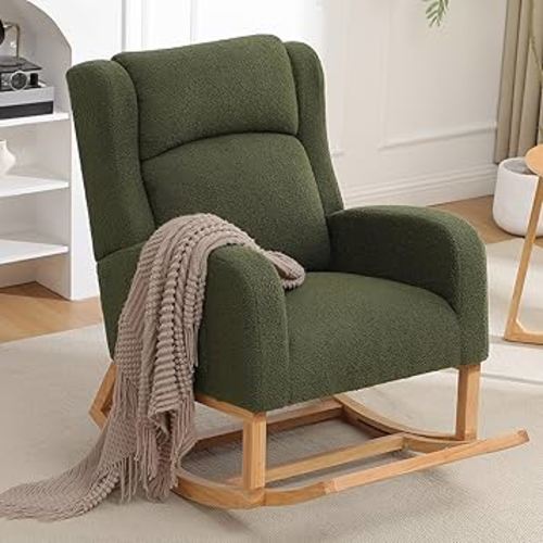 Rocking Chair Nursery, Nursing Rocking Chairs for Mom Nursery, Comfy Wingback Teddy Glider Rocking Armchair with Foot Rest and Side Pocket for Nursery Living Room Bedroom, Green
