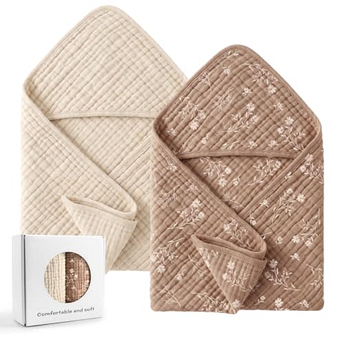 Tunnkit Muslin Hooded Baby Towels, 2 Pack 32 x 32 Inch Baby Bath Towels | Floral Design, Soft & Absorbent Cotton, Newborn, Infant & Toddler, Beige & Brown, Baby Bath Essentials