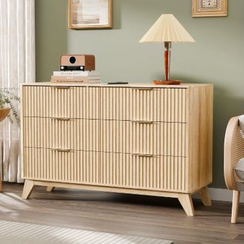 VINGLI Fluted Dresser 6 Drawer, Wood Dresser for Bedroom with Rounded Edges