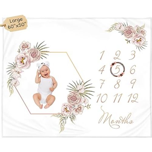 Monthly Baby Milestone Blanket 60"x50" - Elegant Boho Floral Design with Felt Frame - Track Your Baby's Monthly Growth - Perfect Gender Neutral Gift for New Parents - Personalized Baby Blanket