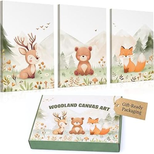 Woodland Nursery Wall Art – Set of 3 Neutral 12×16 Inch Animal Canvas Prints (Deer, Bear, Fox), Printed from Original Hand-Drawn Illustrations, Framed & Ready-to-Hang Baby Room Decor for Boys & Girls