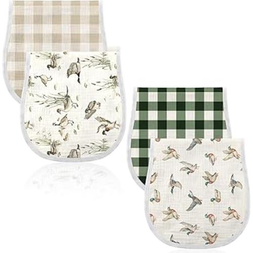 4 Pcs Mallard Duck Baby Burp Cloths 100% Cotton Absorbent & Soft Burping Cloth Large 22'' x 10" Newborn Towel 2-in-1 Baby Spit up Burping Rags Set for Boys Girls Infant Newborn(Plaid Style)