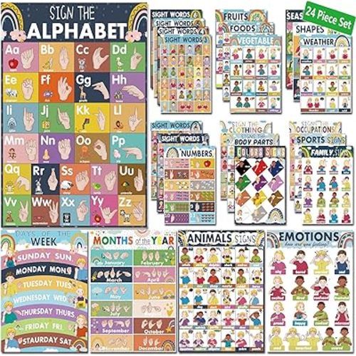 YIYDONG 24 Boho American Sign Language Posters for Kids, Sign Language for Babies & Toddlers, ABC Sign Language Flash Cards, ASL Posters for Classroom Decor