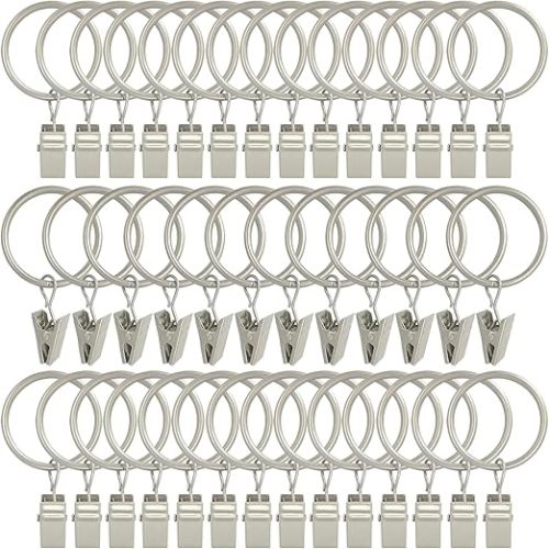 40 Pack Curtain Rings with Clips, Drapery Clips with Rings, Drapes Rings 1.26 in Interior Diameter, Fits up to 1 in Curtain Rod, Matte Silver