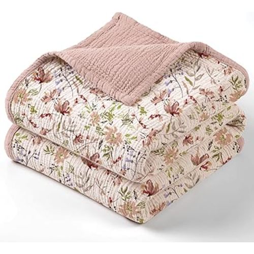 lulumoon Muslin Baby Blanket for Girl: Cotton Toddler Blanket with Floral - Soft Lightweight for Nursery & Daycare 47"× 47"(Pink Flower)
