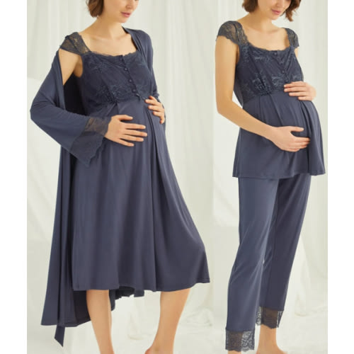 Lace Shoulder 4-Piece Maternity-Nursing Set Navy Blue - 210305