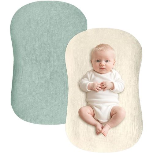 Hooyax Muslin Baby Lounger Cover 2 Pack, Soft and Breathable Newborn Lounger Cover, Adorable Baby Nest Slipcover for Boys Girls, Covers Only (Green, Wheat)