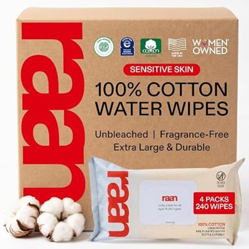 Raan, 100% Cotton Baby Wipes, Unbleached, 99% Purified Water, Unscented, EWG verified, For Extra Sensitive Skin, Naturally Soft and Durable, 4 pack, 240 Count