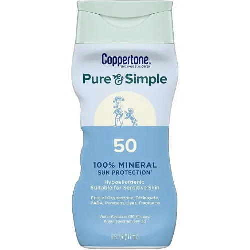 Coppertone Pure and Simple Zinc Oxide Mineral Sunscreen Lotion SPF 50, Water Resistant Sunscreen for Sensitive Skin, Hypoallergenic and Fragrance Free, 6 Fl Oz Bottle