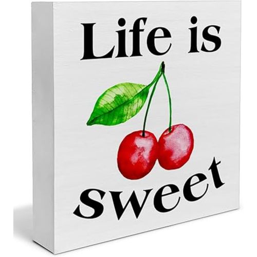 Summer Cherry Wooden Sign Life is Sweet Cherry Wooden Sign Art Blocks Desk Decor Rustic Signs for Shelf Tabletop Wall Home Kitchen Decoration 5 X 5 Inch