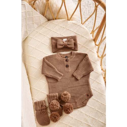 Chunky Knit Romper Set with Bow & Booties in Latte