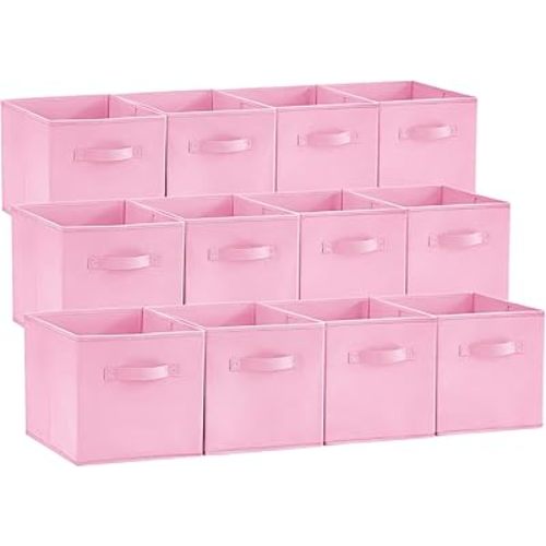 Lifewit 12 Packs Storage Cubes, 11 Inch Cube Storage Bins, Foldable Decorative Fabric Storage Baskets for Organizing Home Organizers with Handles for Shelves, Closet,Pink