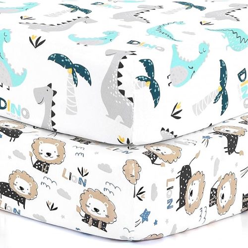 BROLEX Baby Fitted Crib Sheets Set of 2, Toddler Standard Size Jersey Knit Dinosaur Lion