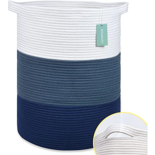 Large Blanket Basket, Nursery Hamper, Tall Laundry Basket 72L, Cotton Rope Woven Laundry Hamper for Storage Toys Clothes Towels, 16”x 22”, White & Cadet Blue & Navy Blue