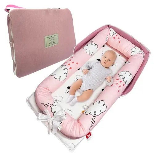 Baby Lounger, Foldable Portable Infant Lounger, Baby Nest Cover, Suitable for 0-24 Months Newborn Baby Lounger,Home Travel Dual-Purpose Baby Nest(Pink Cloud)