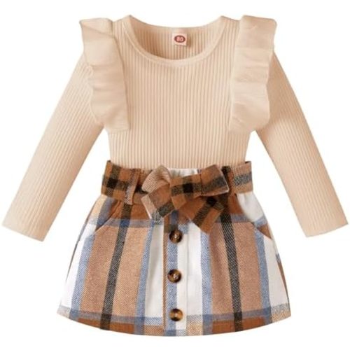 AMAWMW Toddler Baby Girl Fall Winter Clothes Long Sleeve Ruffle Shirt Corduroy Mini Skirt Infant Girl A-line Dress