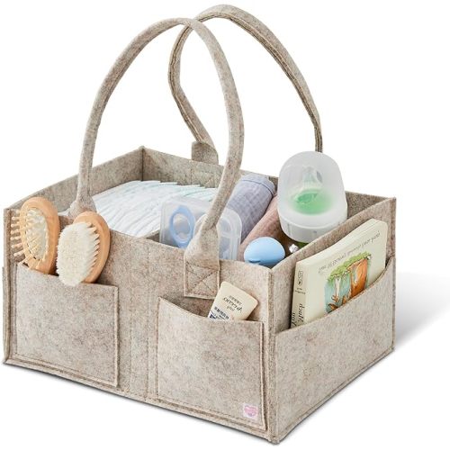 Upgraded Baby Diaper Caddy Organizer, Portable Nursery Storage Bin with Handle, Side Pockets Car Organizer for Diapers and Baby Wipes Essentials, Registry Gift Baskets (Small-Oatmeal)