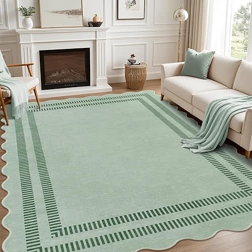 Washable 8x10 Rugs for Living Room Bedroom, Non-Slip Sage Green Indoor Carpet for Dining Room Office, Ultra Thin Scalloped Soft Carpets for Kids Nursery Playroom
