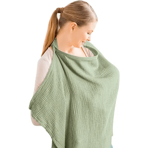 Konssy Muslin Nursing Cover for Baby Breastfeeding, Breathable 100% Cotton Breastfeeding Cover with Rigid Hoop for Mother Nursing Apron, Multi-use Carseat Canopy (Sage)