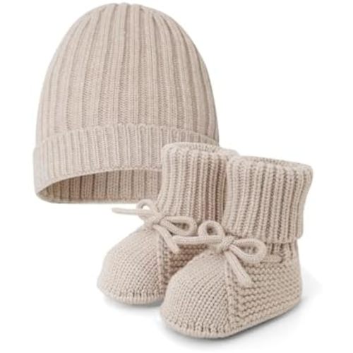 Opewod Baby Booties & Hat Set Newborn First Walkers Cozy Socks Shoes Warm Knit Booties Soft Cap for Toddler Infant Boy Girl