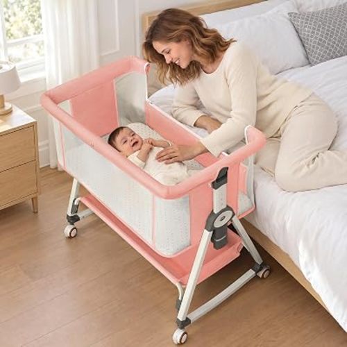 3 in 1 Baby Bassinet, Stable Bedside Crib with 6 Adjustable Heights, Breathable Mesh Infant Bassinet with Mosquito Net, Lockable Wheels and Large Storage Basket