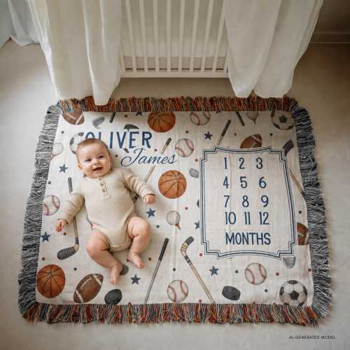 Personalized Baby Milestone Woven Blanket, Sports Baby Boy Blanket, Monthly Milestone Photo Prop, Custom Name Newborn Gift, Baby Shower Gift