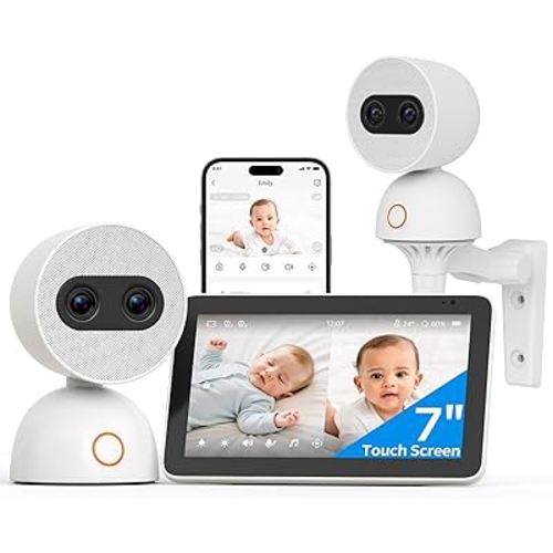 Simsky Split Screen Video Baby Monitor with Cameras, Dual 4MP Cameras with 6X Zoom, 7" UHD Touch Screen Portable Audio Baby Monitor 32GB Local Storage