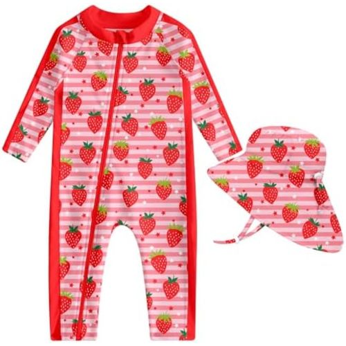 UNIFACO Baby Boy Swimsuit UPF 50+ Sun Protection One Piece Zip Bathing Suit with Sun Hat Infant Sunsuit Swimwear