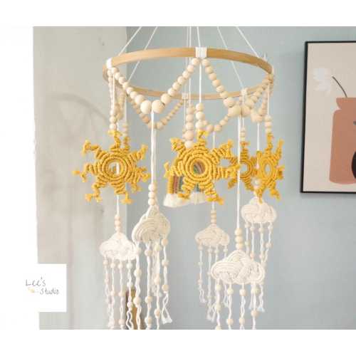 Sun Baby Mobile, Personalized Macrame Nursery Decor with Clouds, Rainbow and Wood Beads