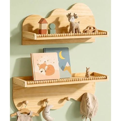 Maxpeuvon Nursery Floating Shelves, Natural Wood Kids Bookshelves Wavy Scalloped Shelf Wall Mount Storage Organizer Wooden Cloud Decor Nursery Kids Room Bedroom Living Room Kitchen, Set of 2