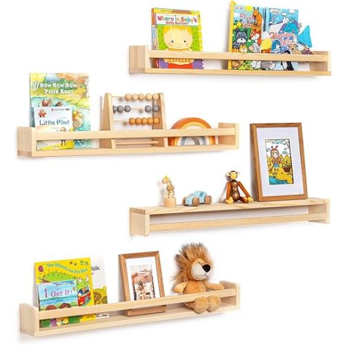 Fun Memories Nursery Book Shelves - Rustic Natural Solid Wood Floating Bookshelf for Kids - Wall Book Shelves for Kids Room (Natural, 32inch - 4P)
