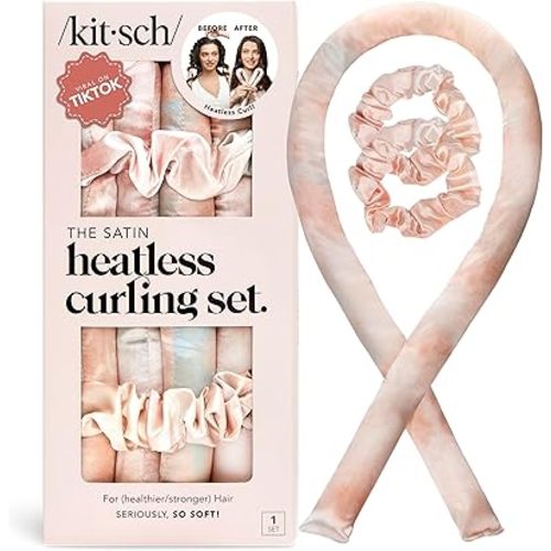 Kitsch Satin Heatless Curlers Set – Heatless Curls Overnight w/ 34" Hair Waver & 2 Satin Hair Scrunchies, Comfortable Hair Curlers to Sleep In for Frizz-Free, No Heat Damage Styling - Sunset Tie Dye