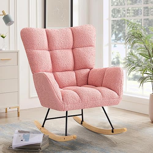 Nursery Rocking Chair Upholstered Glider Rocking Chair Modern Accent Chair Padded Seat Reading Chair with High Backrest Comfy Chair for Living Room, Bedroom, Nursery, Pink, Teddy