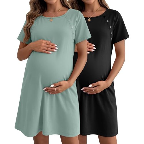 Huukeay 2 Pack Labor and Delivery Hospital Gown Women Nursing Birthing Maternity Dress 3 In1 Breastfeeding Buttons Pjs Robe