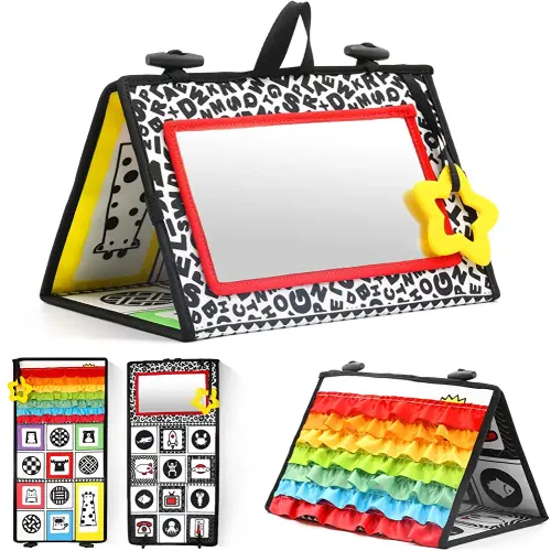 KUANGO Tummy Time Mirror Toys for Babies, High Contrast Activity Montessori Newborn Toys, Black and White Baby Toys 0 3 6 12 Sensory Infant 0-3 Months