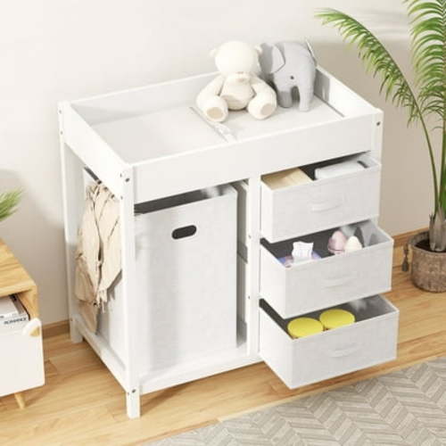 XJD Baby Changing Table with Laundry Hamper, 3 Storage Drawers and Pad, Wooden Diaper Change Station, White