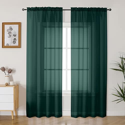 Gwine Hunter Green Sheer Curtains 84 Inches Long 2 Panels Set for Living Room, Rod Pocket Voile Lightweight Bedroom Curtains, Light Filtering Solid Window Sheer Panels, Each 42" Wx84 L