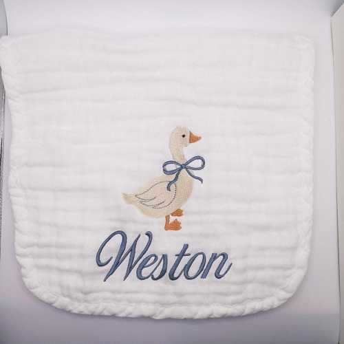 Personalized Goose Embroidered Muslin Burp Cloth: Baby Shower Gift