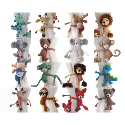 Safary Nursery Decor Babyshower Gift Curtain Tie Back Holder Deer Giraffe Lion Fox Bear Elephant Dinosaur Monkey Handmade Amigurumi Knitted