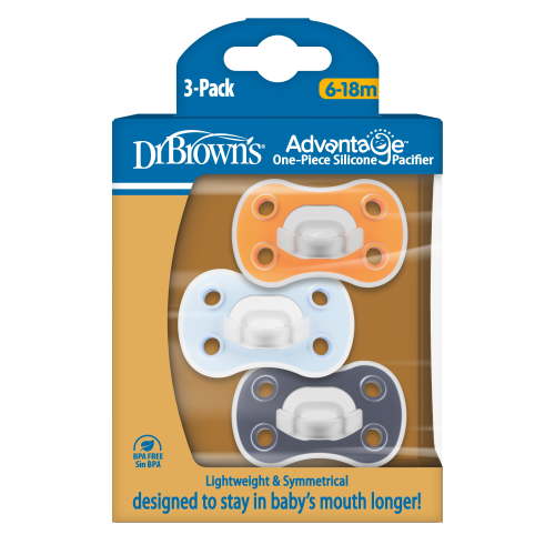 Dr. Brown's Advantage One-Piece Silicone Baby Pacifier, Fully Symmetrical Soother, Blue/Light Blue/Orange, 6-18m, BPA Free, 3 Pack