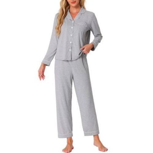 cheibear Women's Long Sleeves Button Down Top with Pants Lounge Pajamas Set